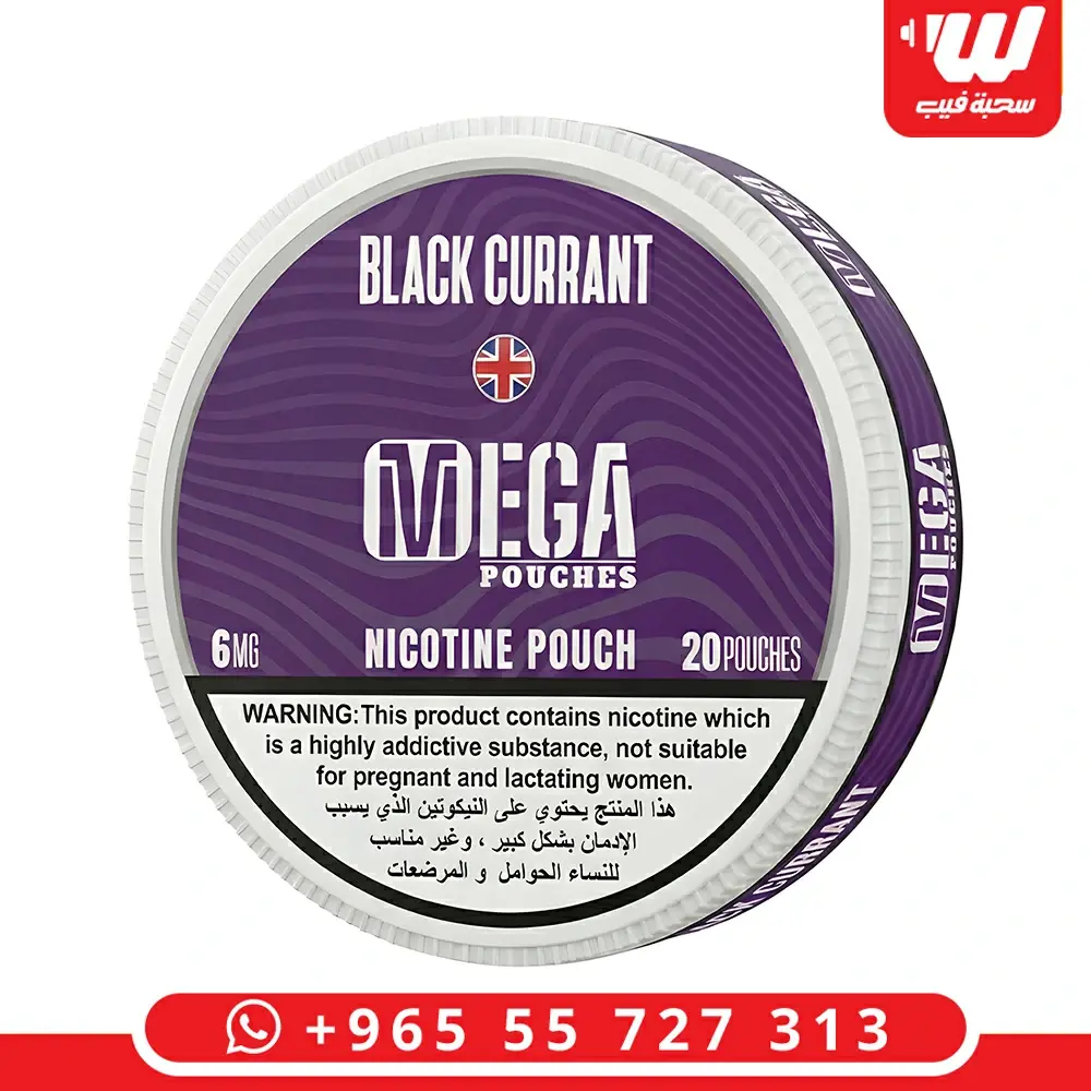 علبة أكياس نيكوتين ميجا بلاك كرنت بنكهة التوت الأسود المركز لتجربة نيكوتين بدون دخان.