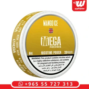 علبة أكياس نيكوتين ميجا مانجو ايس بنكهة المانجو الاستوائية الباردة لتجربة نيكوتين نقية.