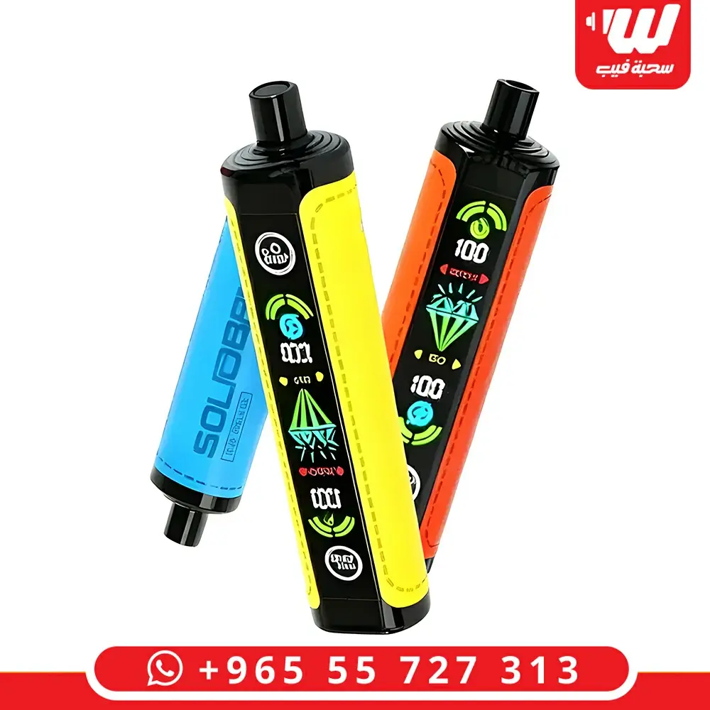 جهاز سولو بار شيشة 25000 سحبة من فئة سحبات جاهزة، يتميز بشاشة عرض طولية ملونة وتصميم جلدي أنيق بألوان متنوعة (أصفر، برتقالي، أزرق).