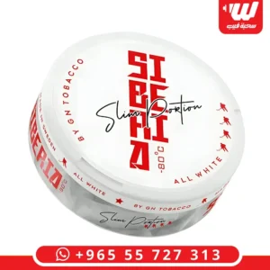 علبة تمباك سيبيريا سليم (Siberia Slim) بتركيبة بيضاء (All White) وتصميم نحيف، تمباك سويدي قوي جداً.