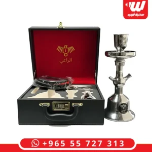 شيشة الراعي زجاج حجم وسط بلون فضي لامع مع حقيبة جلدية فاخرة مزودة بقفل أمان وتصميم داخلي مبطن.