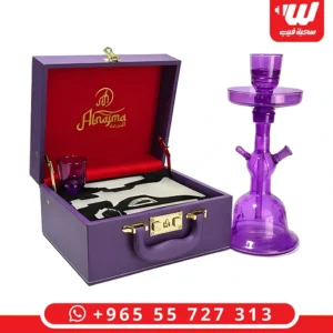 شيشة النجمة زجاجية باللون البنفسجي حجم وسط، مع حقيبة جلدية فاخرة مبطنة باللون الأحمر ومزودة بقفل أمان ذهبي.