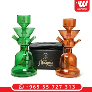 شيشة النجمة الزجاجية الصغيرة بتصميم عصري باللونين الأخضر والبرتقالي مع حقيبة تنقل سوداء فاخرة.