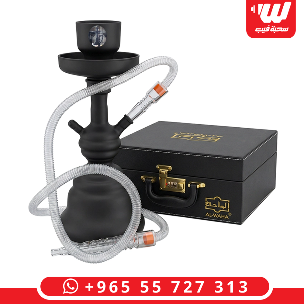 طقم شيشة الواحة المتكامل باللون الأسود المطفي مع حقيبة حمل فاخرة وليّ شفاف.