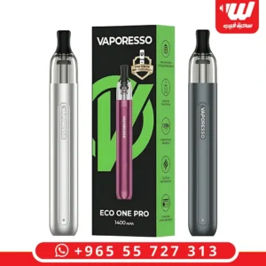 جهاز فيبرسو ايكو ون برو بتصميم أسطواني فضي، جهاز سحبة زقارة متطور مزود بتقنية ميش كويل ونظام بودات تعبئة.