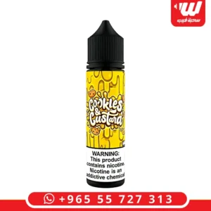 عبوة نكهة كوكيز كاسترد بتصميم يجمع بين اللونين الكريمي والبني مخصصة لأجهزة الفيب والشيشة الالكترونية.