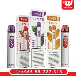 جهاز ماكسي بلس 1500 سحبة من فئة سحبات جاهزة بنكهات متنوعة (عنب، كولا، توباكو) وتصميم قلمي نحيف.