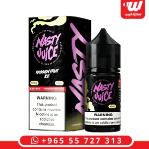 عبوة نكهة ناستي باشون فروت ايس سولت نيكوتين بلون أرجواني مميز مخصصة لأجهزة سحبة زقارة.