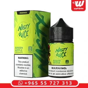 عبوة نكهة ناستي تفاح اخضر بتصميم أخضر زاهي مخصصة لأجهزة الفيب والشيشة الالكترونية.