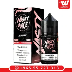 عبوة نكهة ناستي خوخ ايس سولت نيكوتين باللون البرتقالي مخصصة لأجهزة سحبة زقارة.