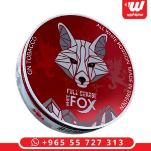 علبة تمباك وايت فوكس فل تشارج (White Fox Full Charge) باللون الأحمر، تمباك سويدي بجودة عالية وتصميم رأس الثعلب.