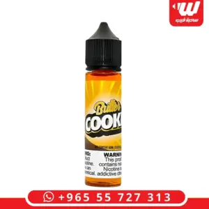 عبوة بتر كوكي بسائل عنبري وغطاء أسود وملصق أصفر بخطوط شمسية وشعار Butter Cookie