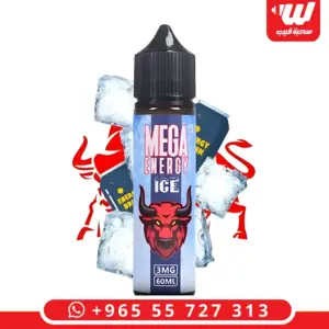 عبوة ميجا انرجي ايس 60 مل بملصق أزرق وكلمة ICE ورأس ثور أحمر ومكعبات ثلج