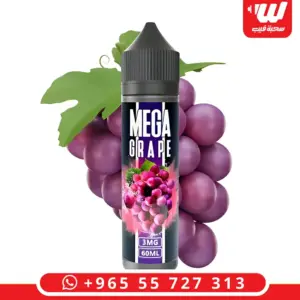 عبوة ميجا جريب 60 مل بملصق أسود وبنفسجي وعنقود عنب كبير بورقة كرمة خضراء