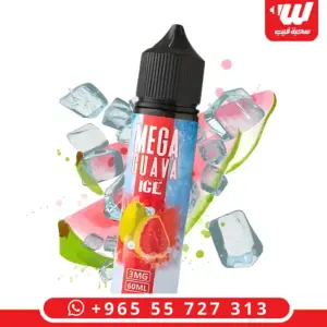 عبوة ميجا جوافة ايس 60 مل بملصق أحمر وأزرق وكلمة ICE ونص جوافة ومكعبات ثلج