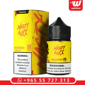 علبة صفراء وعبوة 60 مل بملصق أصفر مكتوب MANGO و CUSHMAN بحروف برتقالية