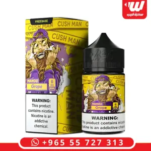 علبة صفراء برسمة رجل بقبعة بنفسجية وعبوة 60 مل بلوحة MANGO Grape