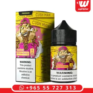 علبة صفراء برسمة رجل بقبعة وردية وعبوة 60 مل بلوحة MANGO Strawberry