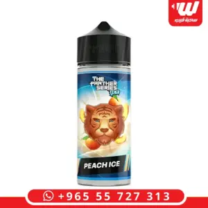 عبوة عريضة قصيرة بملصق أزرق فاتح ورأس نمر بني وشريط PEACH ICE أسفلها