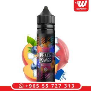عبوة سوداء 60 مل بإطار PEACH POWER بين نصفي خوخ وتوت أزرق ومكعبات ثلج