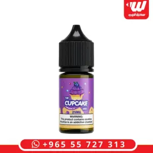 عبوة نكهة ذا كب كيك بلوبيري 30 مل سولت نيكوتين بملصق أزرق - The Cupcake Blueberry 30ml salt nicotine e-liquid bottle with blue cupcake artwork