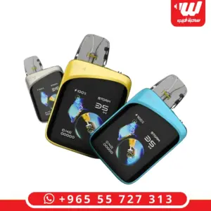 Three Uwell Koko G4 Pro square pod kits in silver, yellow and cyan with screens showing 35W