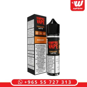 علبة وعبوة نكهة فامباير فيب كراميل لاتيه 60 مل فريبيس بإسبريسو وحليب وكراميل - Vampire Vape Koncept Caramel Latte 60ml freebase e-liquid box and bottle, caramel coffee blend