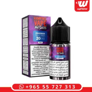 علبة وعبوة نكهة بنك مان بلو راز سولت نيكوتين 30 مل من فامباير فيب - Vampire Vape Pinkman Blue Razz salt 30ml box and bottle with sour blue raspberry