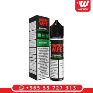 علبة وعبوة نكهة فامباير فيب بنك مان رقي 60 مل فريبيس برقي وحمضيات - Vampire Vape Koncept Pinkman Watermelon 60ml freebase e-liquid box and bottle on display