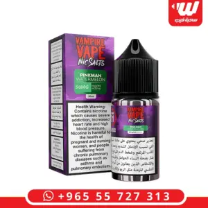 علبة وعبوة نكهة بنك مان رقي سولت نيكوتين 30 مل من فامباير فيب البريطانية - Vampire Vape Pinkman Watermelon salt nicotine 30ml box and bottle with juicy watermelon