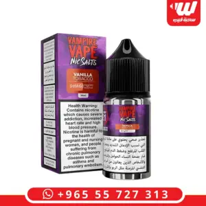 علبة وعبوة نكهة فانيليا توباكو سولت نيكوتين 30 مل من فامباير فيب البريطانية - Vampire Vape Vanilla Tobacco salt nicotine 30ml box and bottle with creamy vanilla tobacco
