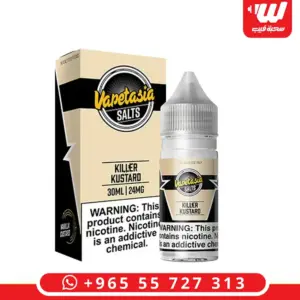 علبة وعبوة نكهة فابتاسيا كيلر كاسترد 30 مل سولت نيكوتين بملصق أصفر - Vapetasia Killer Kustard 30ml salt nicotine e-liquid box and bottle in yellow