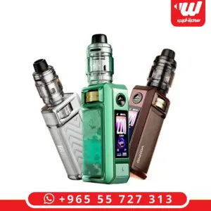 Three Voopoo Drag 6 kits with tanks in silver, green marble and brown leather, screen showing 220W