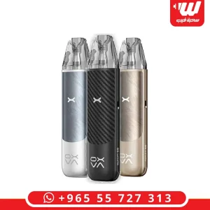 Three OXVA NeXLIM GO pod kits in silver, carbon fiber black, and champagne gold finishes