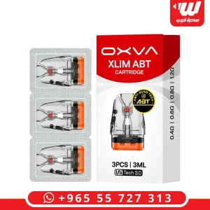 OXVA XLIM ABT pods red retail box beside three clear pods with orange bases