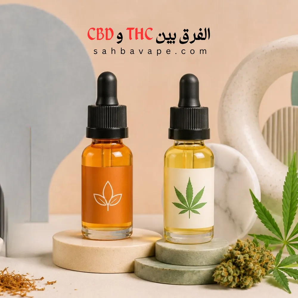 عبوتا زيت THC و CBD مع أوراق نبتة القنب توضّح الفرق بين THC و CBD